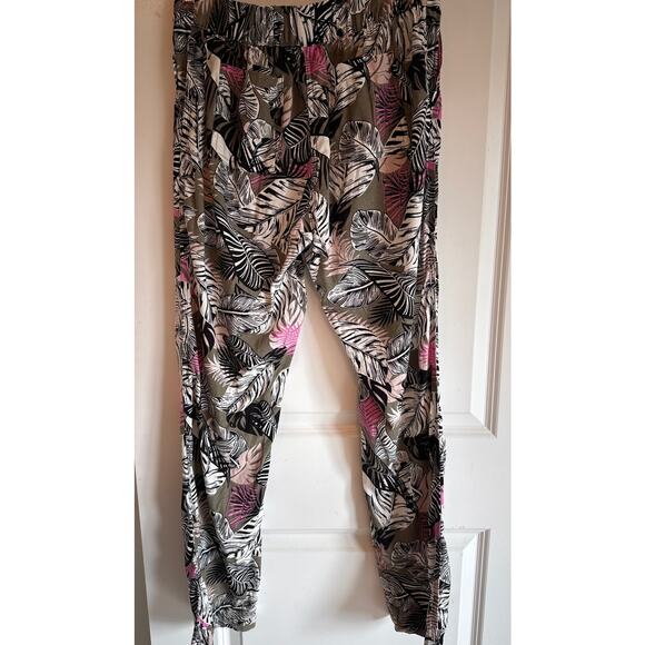Per Se Tropical Floral Linen Pants Olive Resort Style Drawstring S - Picture 3 of 6
